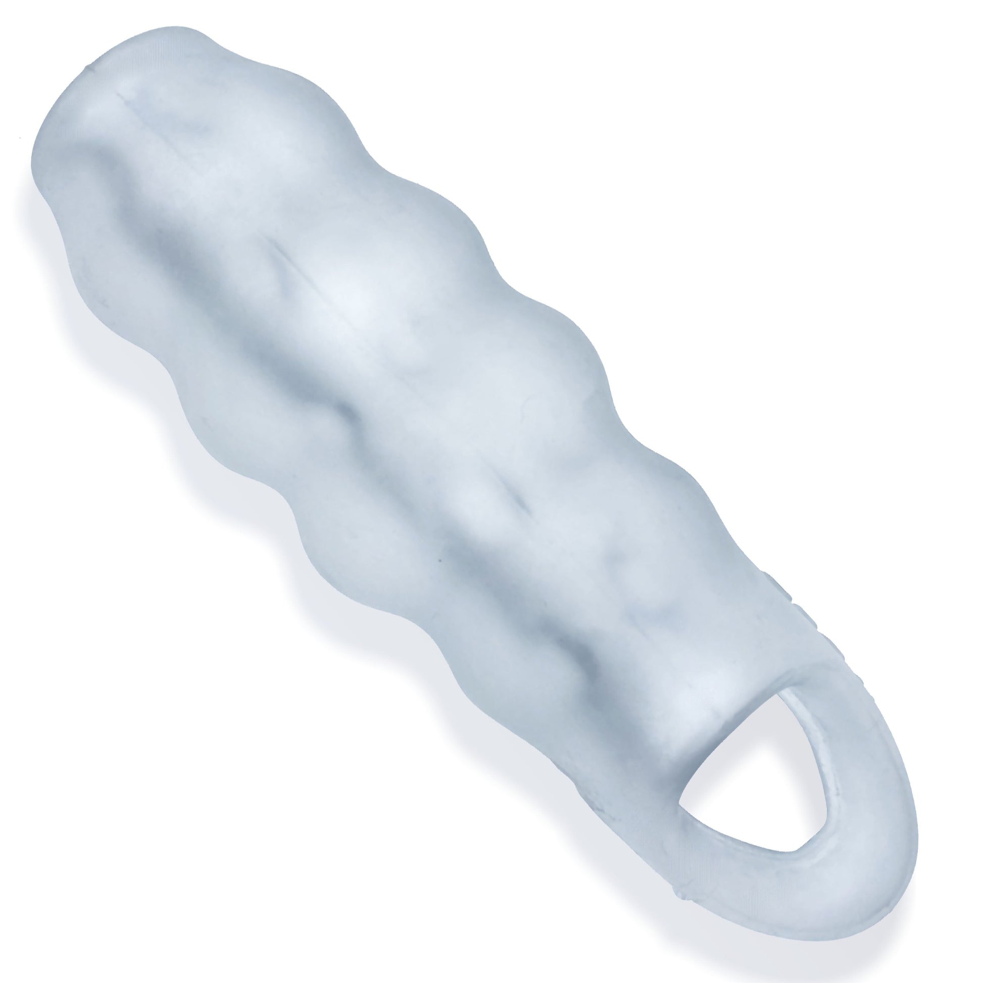 Clear ice textured silicone cocksheath with an open end and wavy ripples.