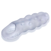 Clear ice textured silicone cocksheath with an open end and wavy ripples.