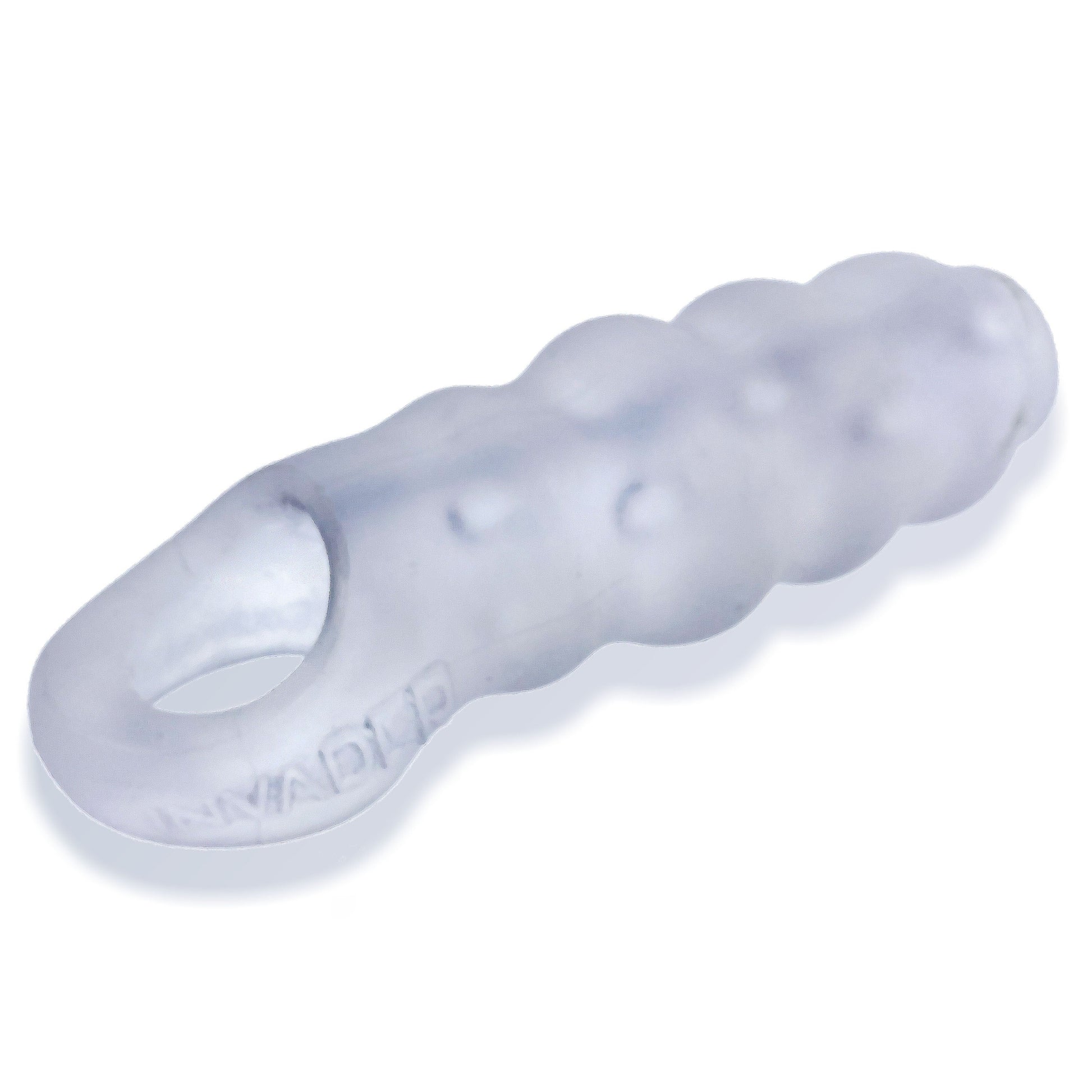 Clear ice textured silicone cocksheath with an open end and wavy ripples.
