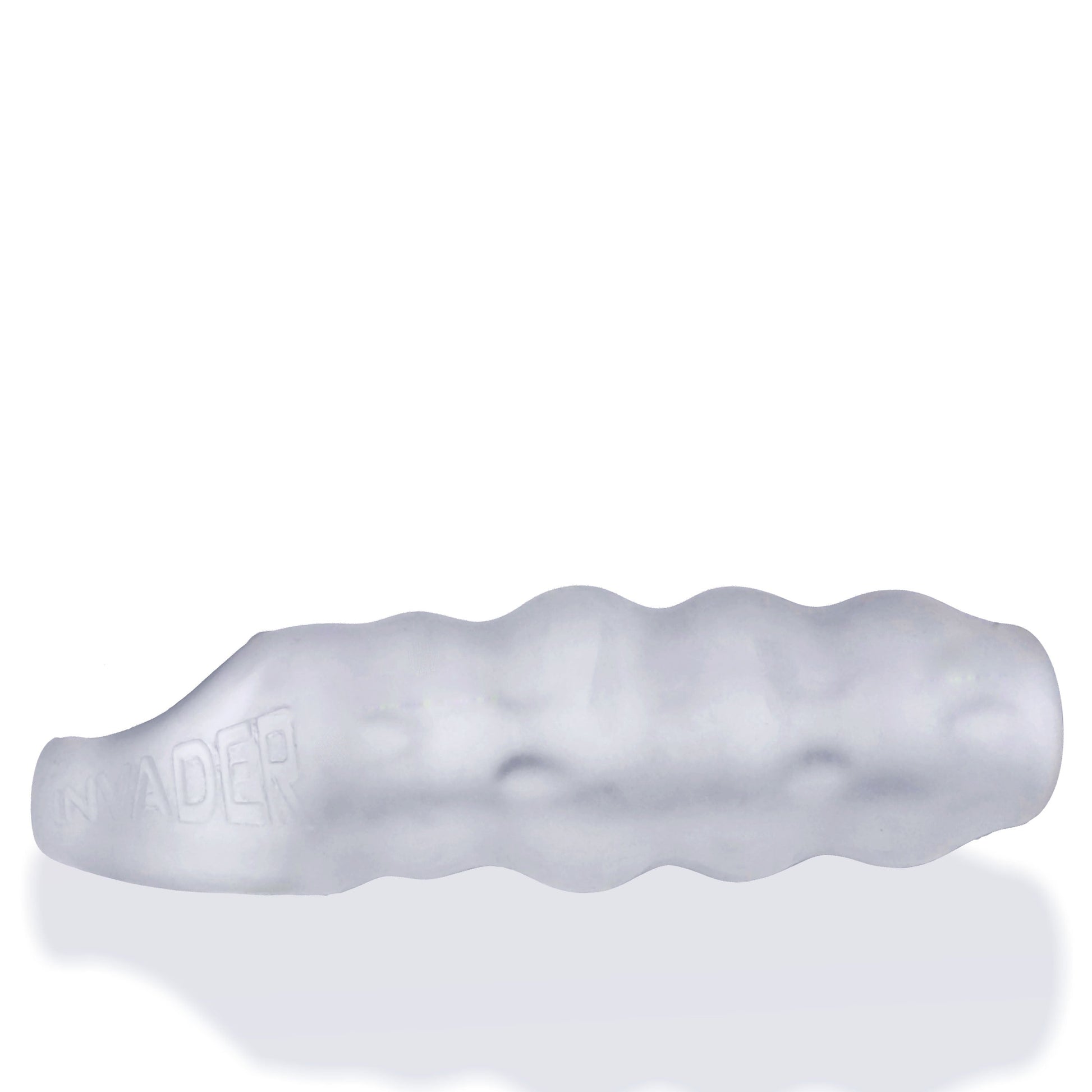 Clear ice textured silicone cock sheath with "INVADER" embossed on it.