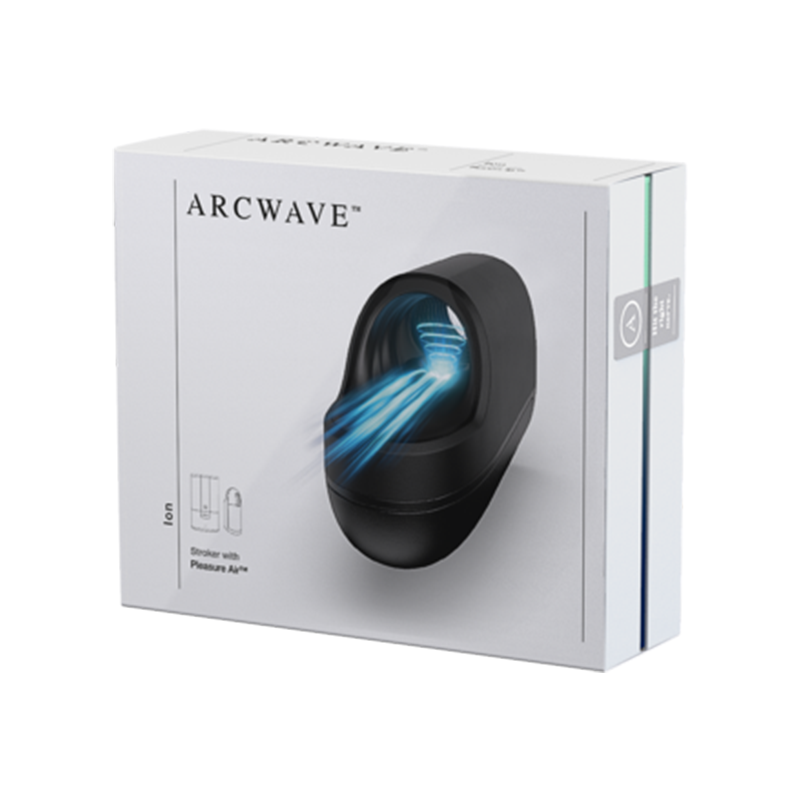 Arcwave Ion male masturbator in black with blue airwave graphics on a white box.
