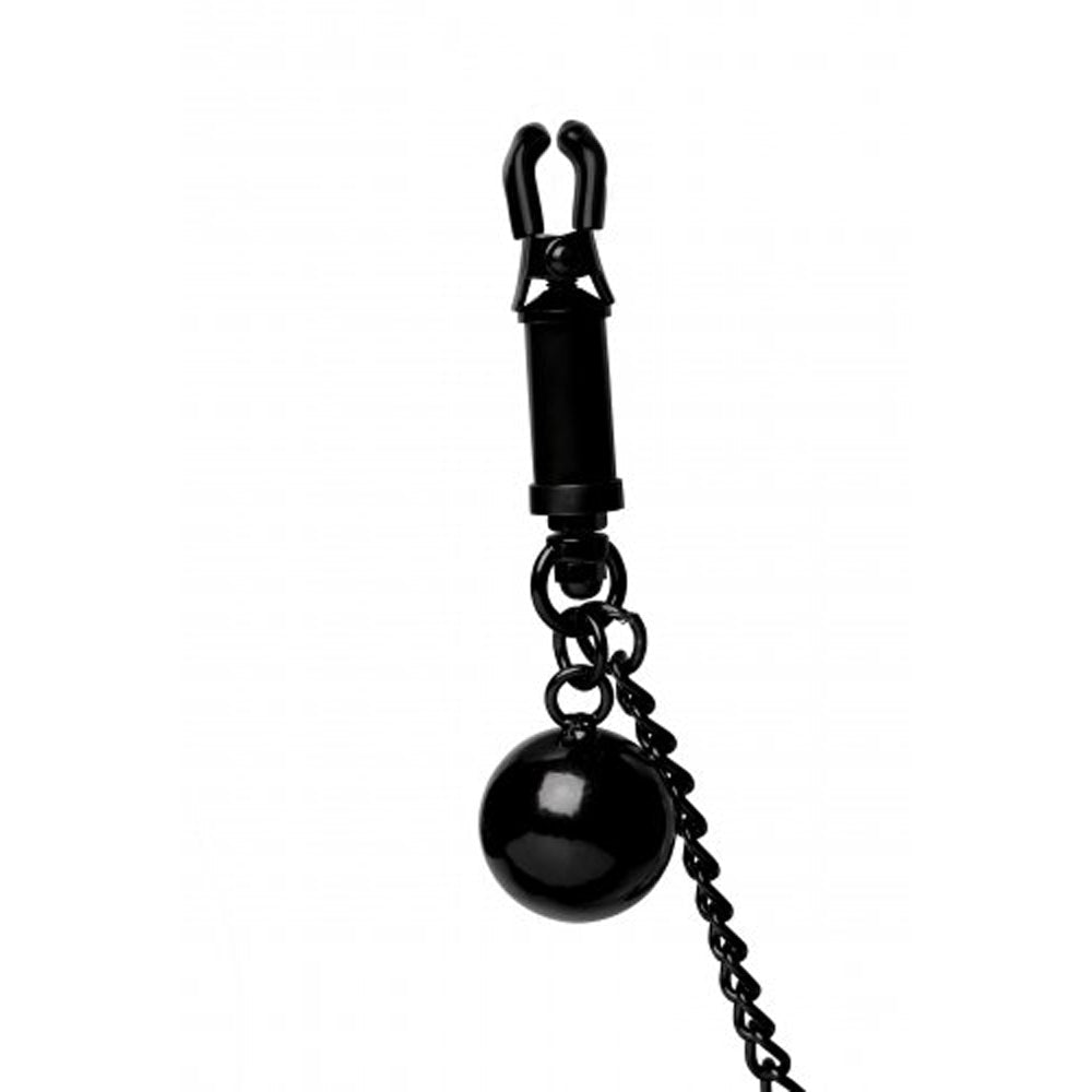 Black adjustable clamp with a chain and a ball weight.
