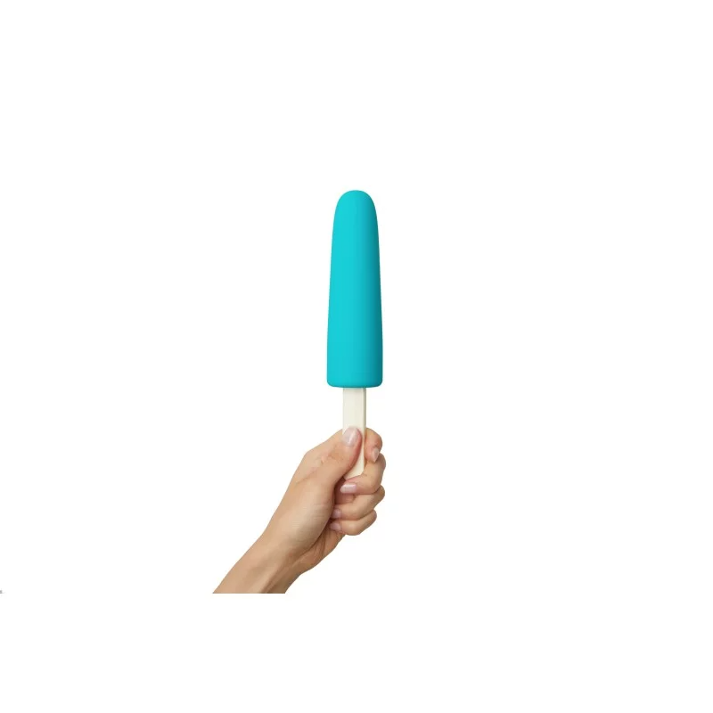 Blue ice cream shaped silicone dildo held by a hand.