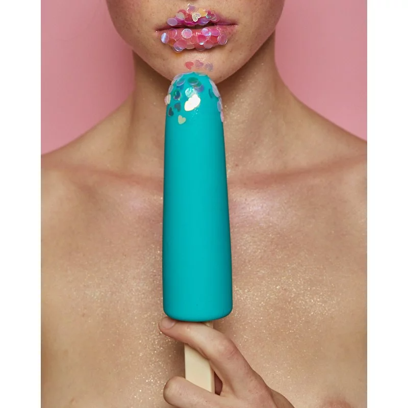 Blue silicone ice cream dildo with glitter accents.