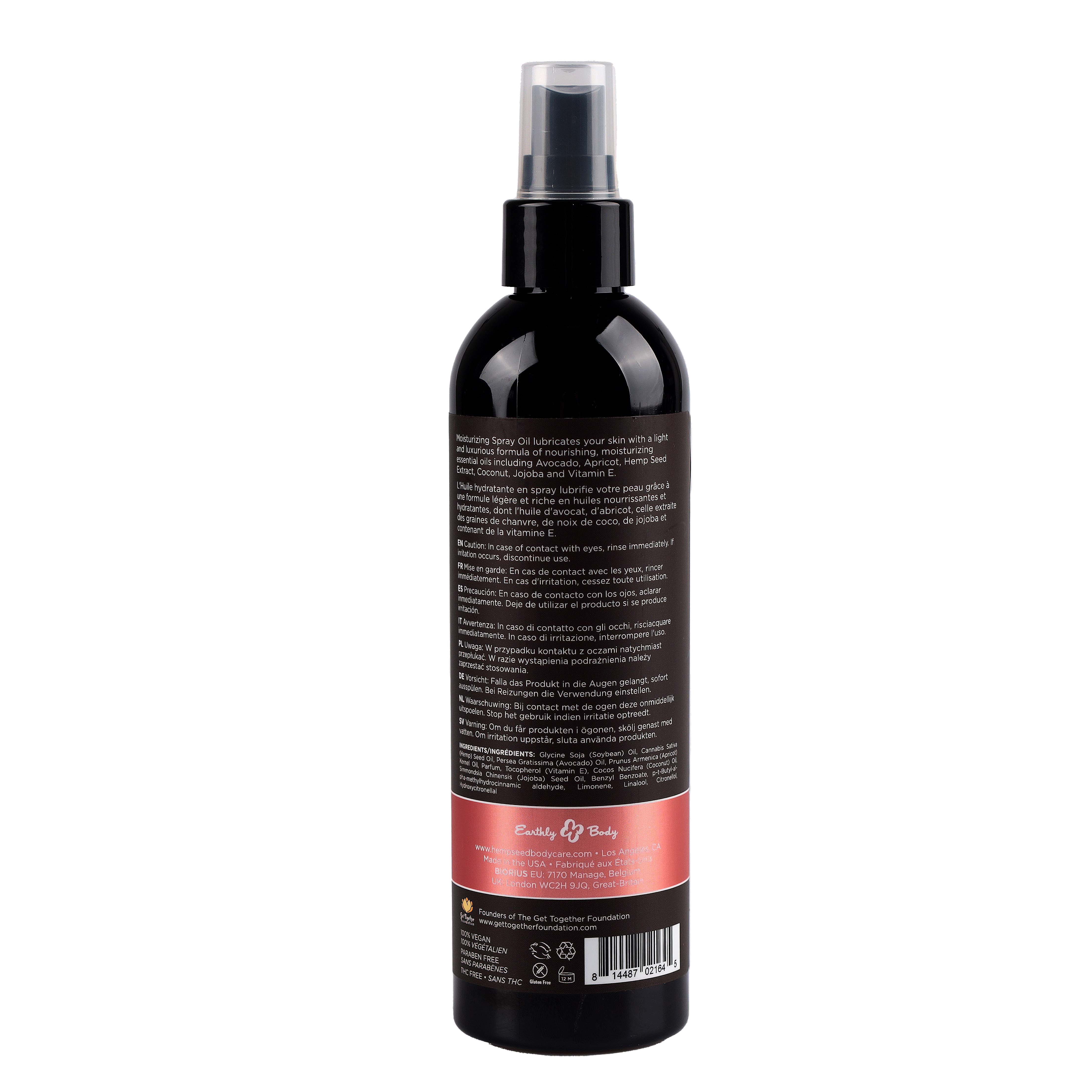 A black spray bottle of Earthly Body Hemp Seed Moisturizing Oil with a clear cap.