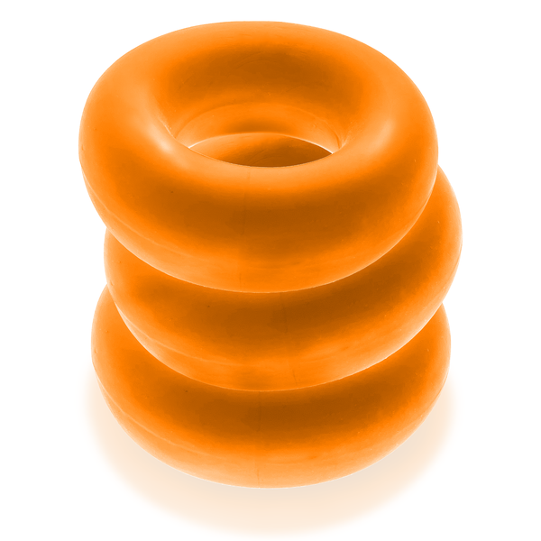 Three stacked orange jumbo cock rings.