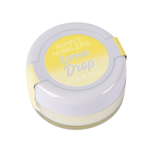 A round jar of Jelique Lemon Drop Nipple Pleasure Balm with a yellow label.