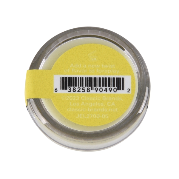 A jar of Lemon Drop Nipple Pleasure Balm with a yellow label and barcode.