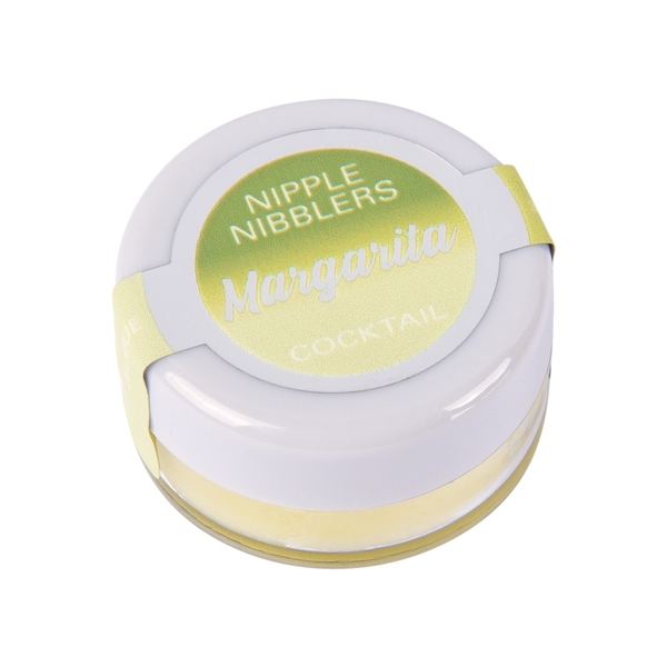 A round jar of Margarita flavored nipple balm with a white lid and a green and yellow label.