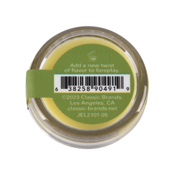 Top view of a jar of Margarita flavored nipple balm with product information.