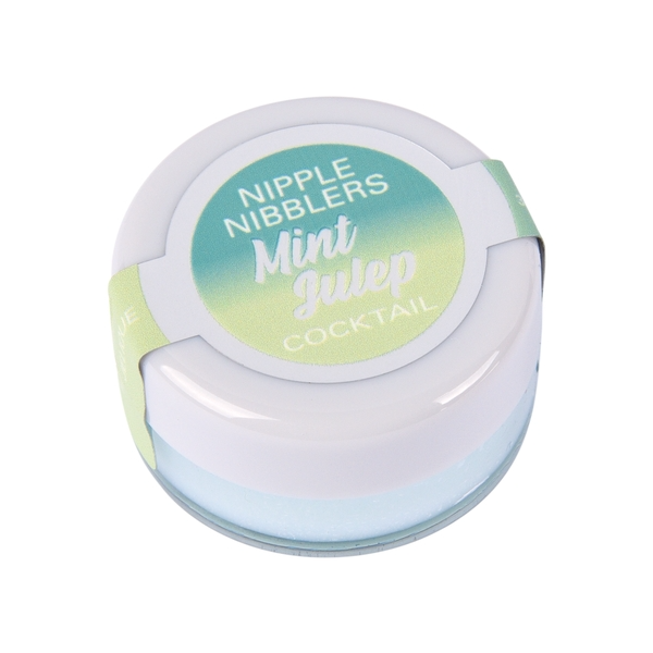 A round container of Mint Julep Nipple Nibblers cocktail flavored balm.