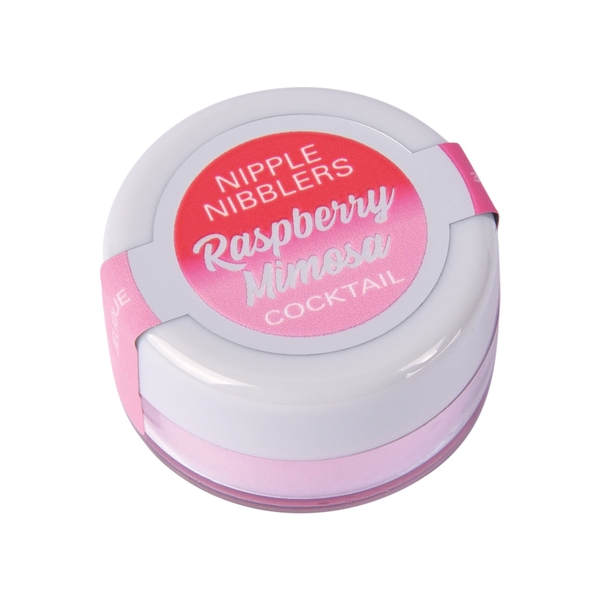 A round white container with a pink label that says "Raspberry Mimosa Cocktail".