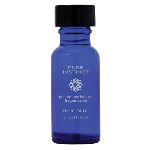 Pure Instinct True Blue pheromone infused fragrance oil in a blue glass bottle.