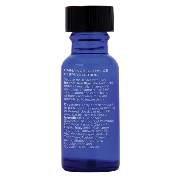 Blue glass bottle with black cap containing pheromone fragrance oil.