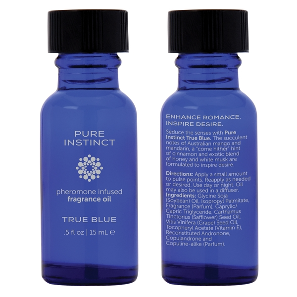 Pure Instinct True Blue pheromone infused fragrance oil in a blue glass bottle.
