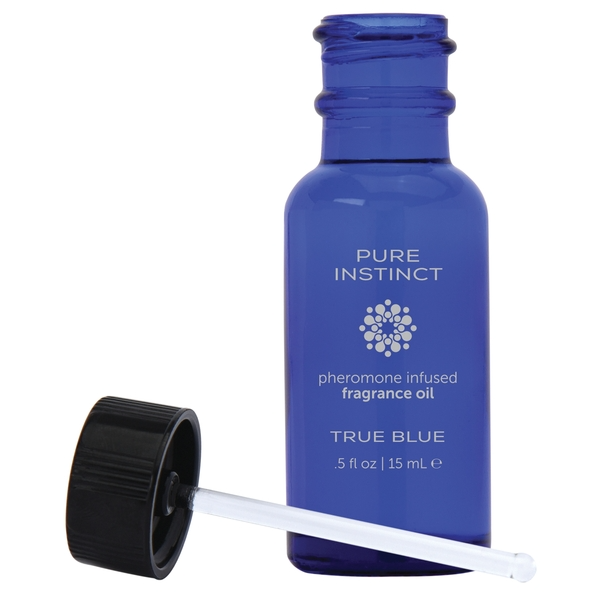 Blue glass bottle of Pure Instinct True Blue pheromone fragrance oil.