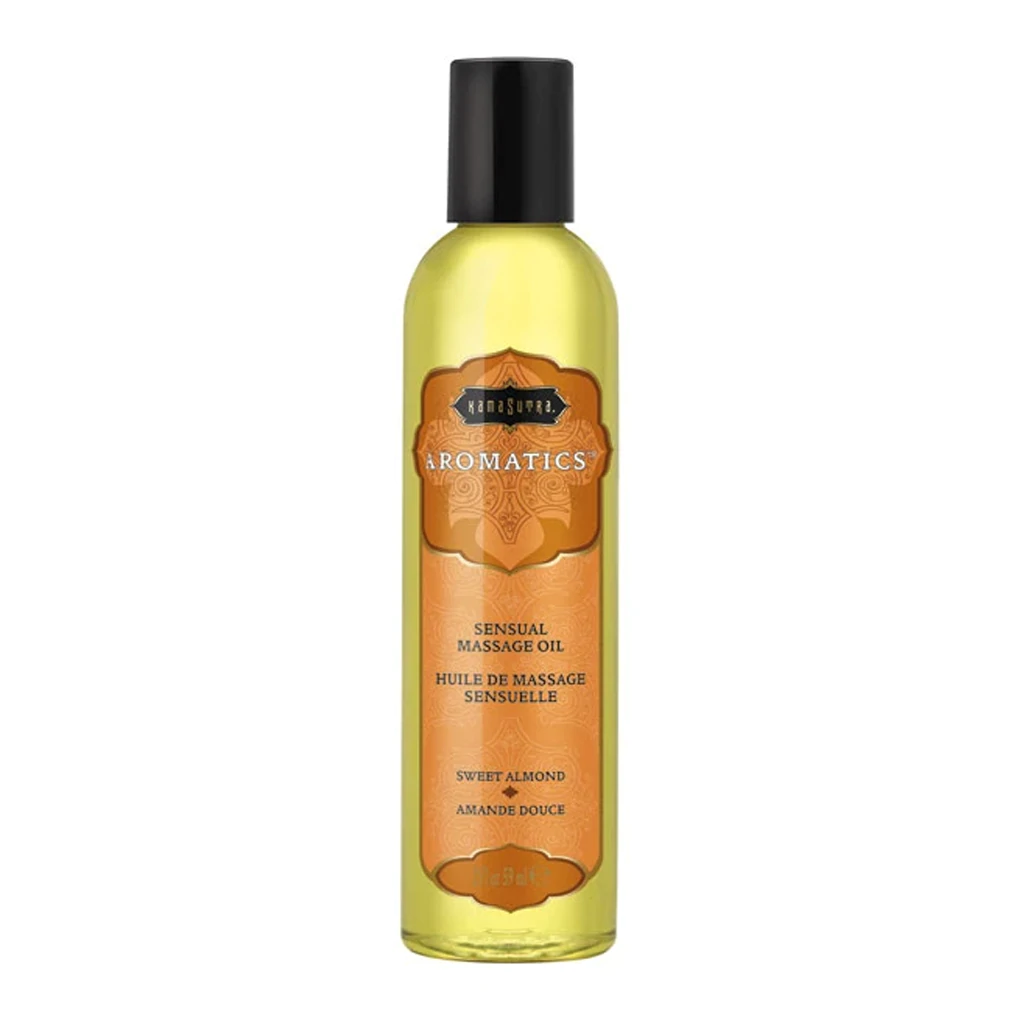 Kama Sutra Aromatics Sweet Almond sensual massage oil in a clear bottle.