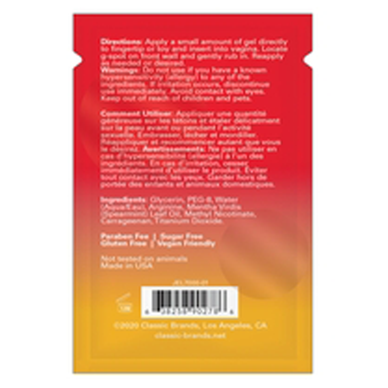 A foil packet of Jelique Cooling Pleasure Gel with directions and ingredients.