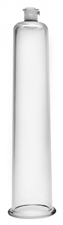 Clear acrylic penis pump cylinder with a white top and flared base.