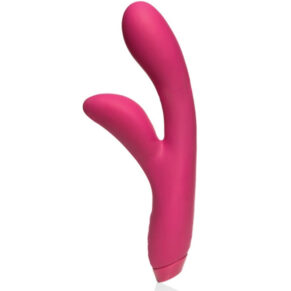 A pink rabbit vibrator with a curved shaft and a clitoral stimulator.