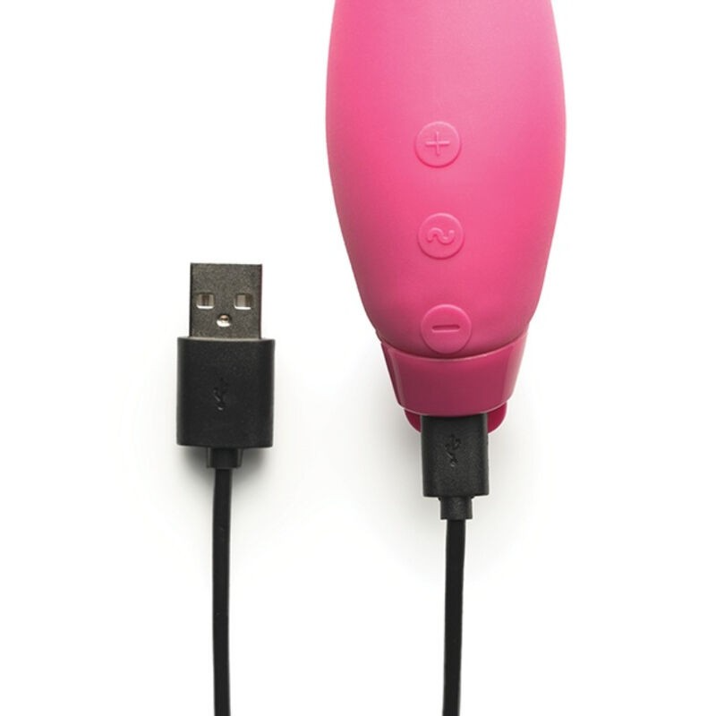 Pink vibrator with USB charging cable and buttons.