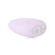 A soft, light purple silicone clitoral vibrator with three silver control buttons.