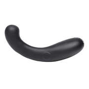 A black, curved silicone vibrator with a rounded tip.