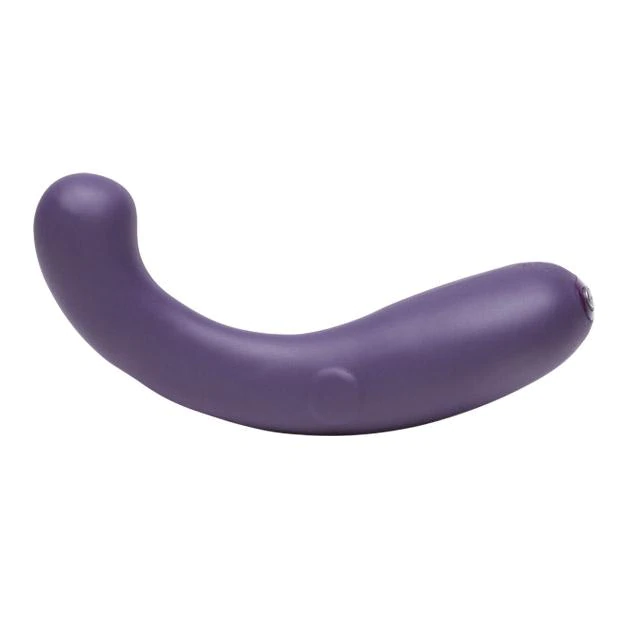 Purple silicone G-spot and clitoral vibrator with a curved shape.