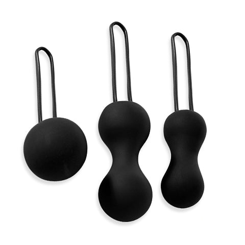Three black silicone kegel balls of varying shapes and sizes with retrieval loops.