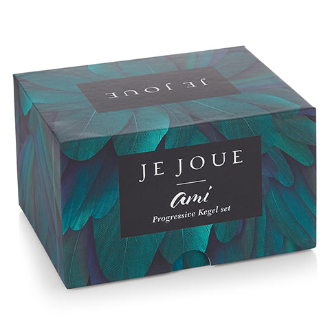 A box for the Je Joue Ami progressive Kegel set with a feather design.