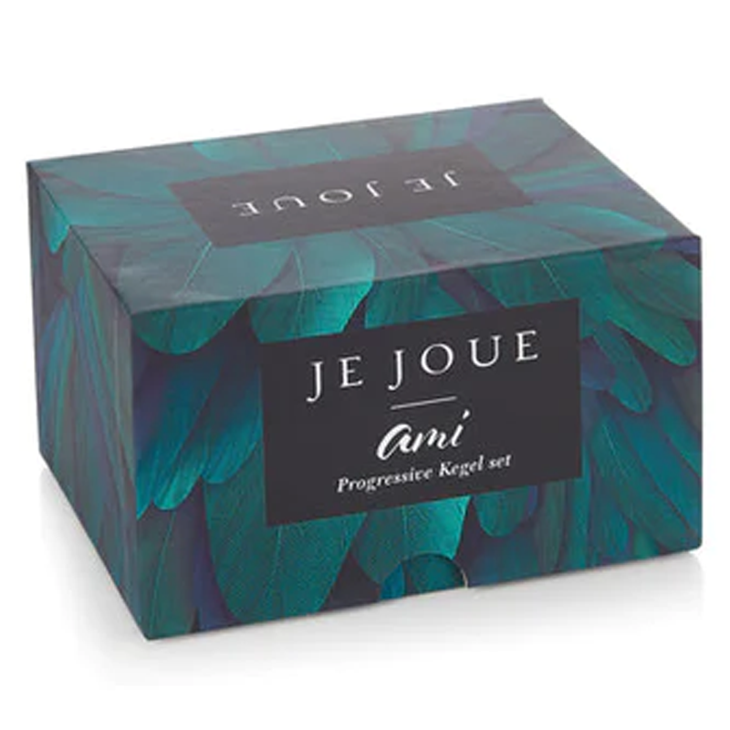A Je Joue Ami progressive Kegel ball set in a box with a feather pattern.