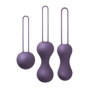 Three purple silicone kegel balls of varying sizes with retrieval loops.