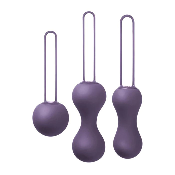 Three purple silicone kegel balls of varying sizes with retrieval loops.