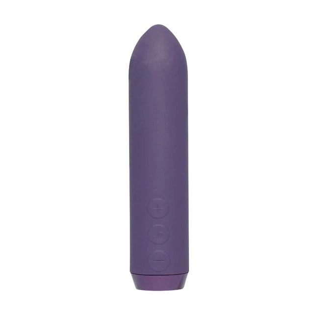 Purple rechargeable bullet vibrator with three control buttons.