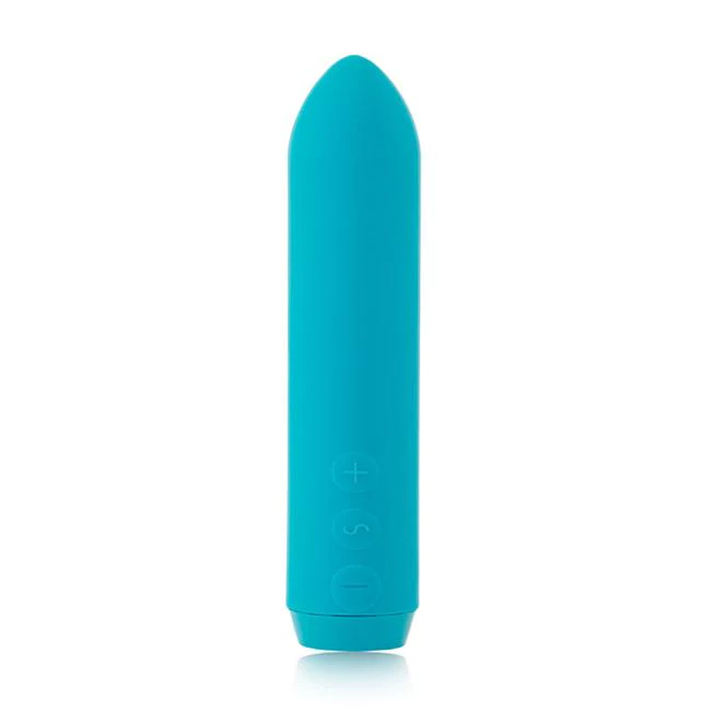Teal rechargeable bullet vibrator with three control buttons.
