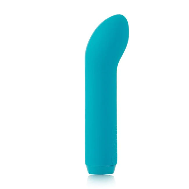 Teal rechargeable vibrator with a curved tip for G-spot and clitoral stimulation.