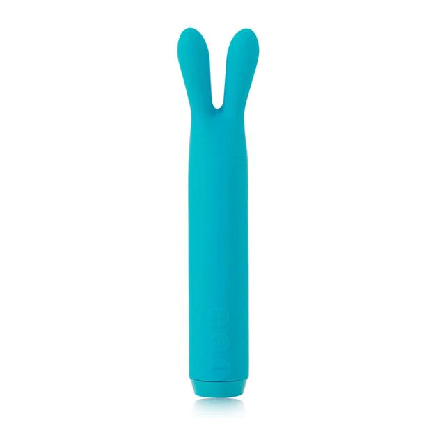 Teal rabbit bullet vibrator with two ears and three control buttons.