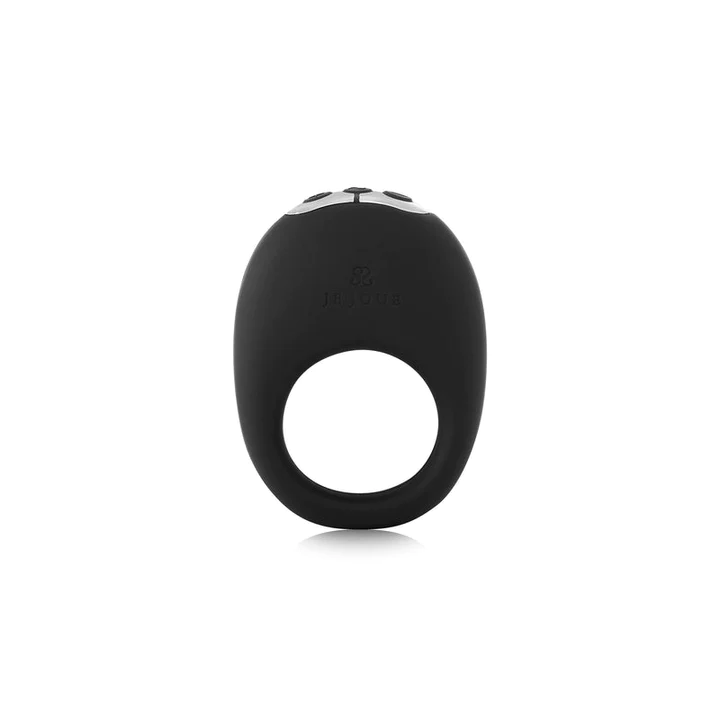 Black vibrating cock ring with three buttons on top and a circular opening.