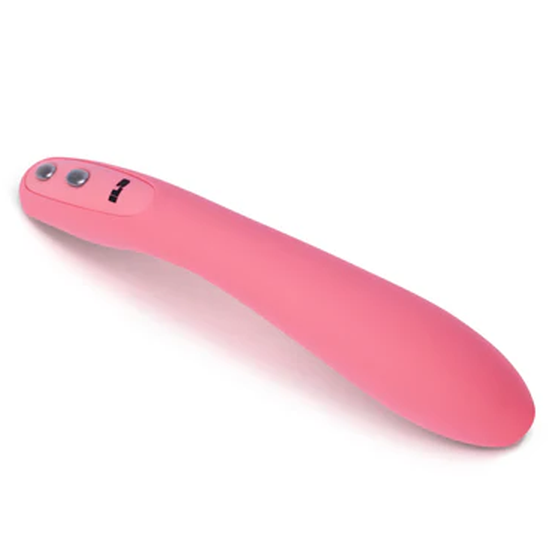 A pink, curved vibrator with three buttons on the top.