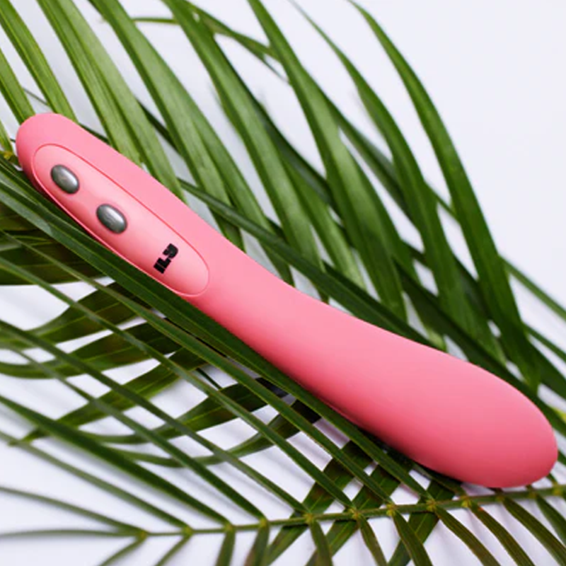 A pink ILY Wand vibrator with two buttons and a logo rests on green palm leaves.