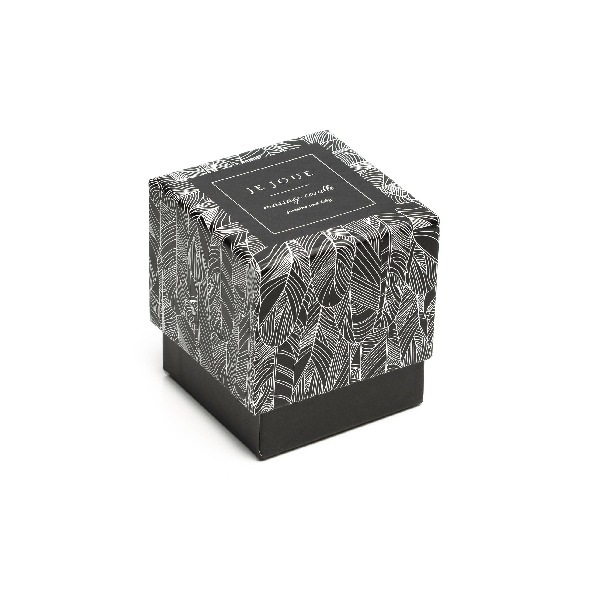A black and white patterned box for a Je Joue massage candle.