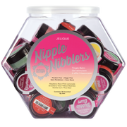 A hexagonal jar of Jelique Nipple Nibblers cooling tingle balm in assorted flavors.