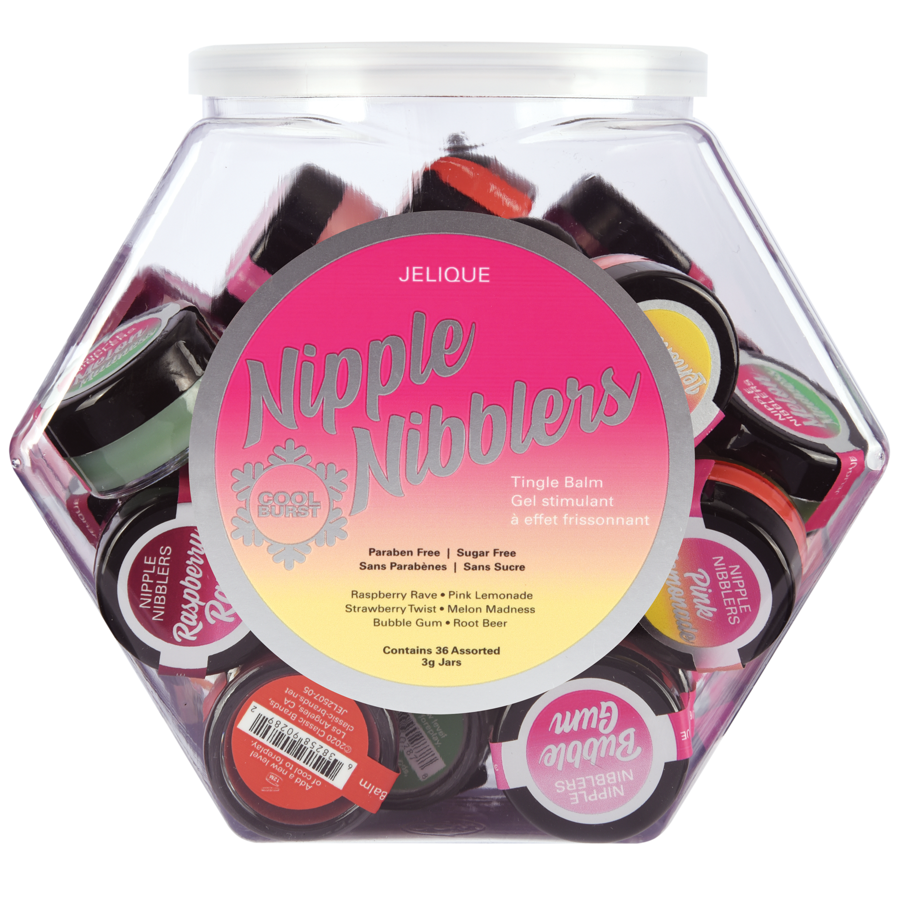 A hexagonal jar of Jelique Nipple Nibblers cooling tingle balm in assorted flavors.