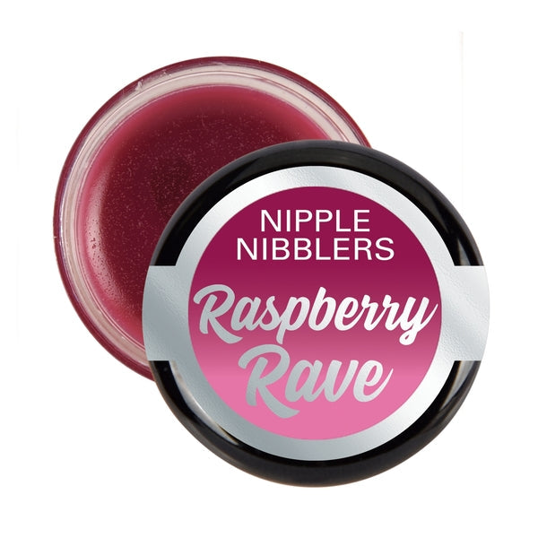 A small jar of raspberry flavored nipple balm with the label Raspberry Rave.