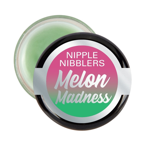 A green balm in a jar labeled "Nipple Nibblers Melon Madness".