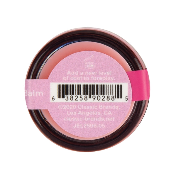 A pink balm in a dark jar with a label that says "Balm" and "Add a new level of cool to foreplay."