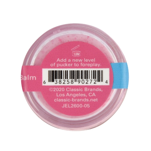 A pink label on a clear jar with "Balm" and a barcode.