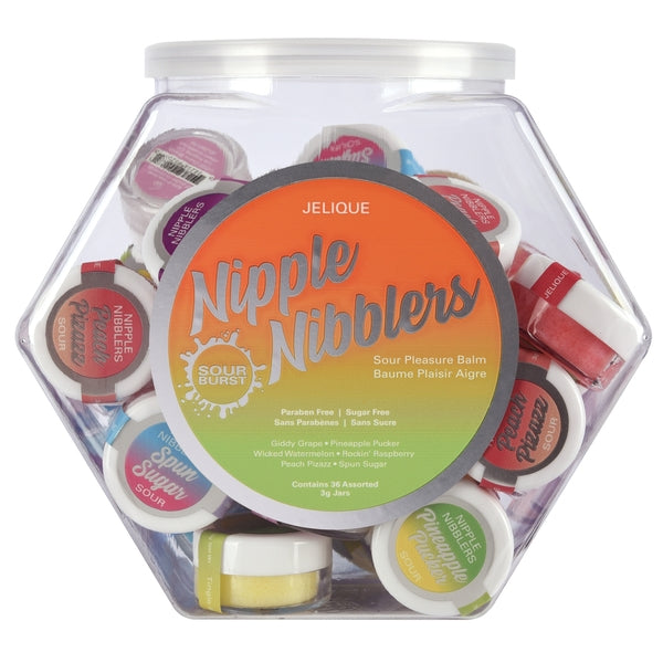 A hexagonal jar filled with 36 assorted sour pleasure balms for nipples.