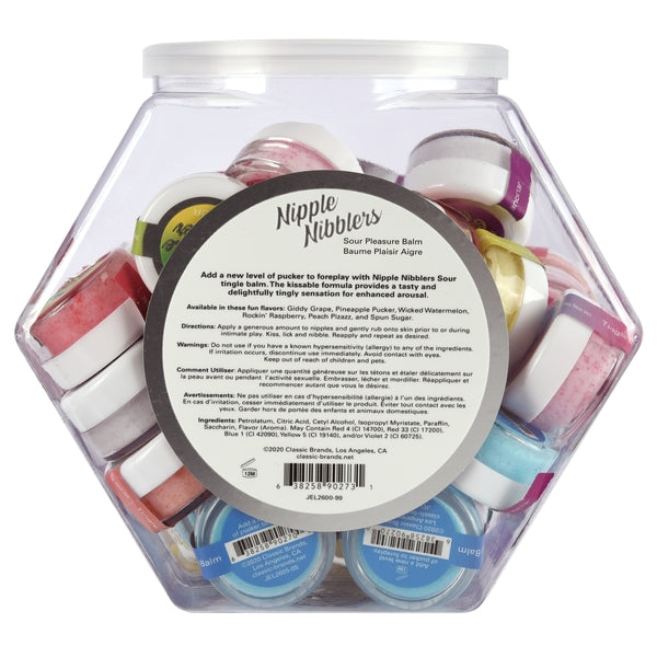 A jar of Nipple Nibblers Sour Pleasure Balm in various flavors.