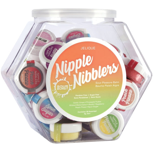 A hexagonal jar filled with assorted sour pleasure balms.
